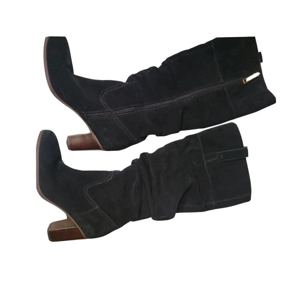 TOMMY HILFIGER Black Suede‎ Knee-High Boots With Wood Block Heel & Side Zipper 8